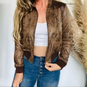 ANTHROPOLOGIE HEI HEI Brown Vegan Faux Leather Knit Cuff Bomber Jacket Coat XS